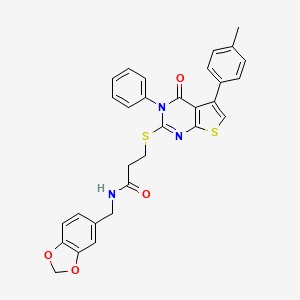 molecular formula C30H25N3O4S2 B2753436 N-(1,3-benzodioxol-5-ylmethyl)-3-[5-(4-methylphenyl)-4-oxo-3-phenylthieno[2,3-d]pyrimidin-2-yl]sulfanylpropanamide CAS No. 690645-09-1