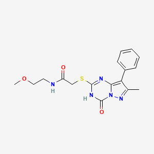 molecular formula C17H19N5O3S B2753465 N-(2-methoxyethyl)-2-((7-methyl-4-oxo-8-phenyl-3,4-dihydropyrazolo[1,5-a][1,3,5]triazin-2-yl)thio)acetamide CAS No. 946247-64-9