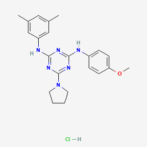 molecular formula C22H27ClN6O B2753833 N2-(3,5-dimethylphenyl)-N4-(4-methoxyphenyl)-6-(pyrrolidin-1-yl)-1,3,5-triazine-2,4-diamine hydrochloride CAS No. 1179496-06-0