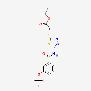 molecular formula C14H12F3N3O4S2 B2753848 Ethyl 2-[(5-{[3-(trifluoromethoxy)benzoyl]amino}-1,3,4-thiadiazol-2-yl)sulfanyl]acetate CAS No. 329699-49-2