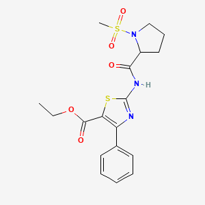 molecular formula C18H21N3O5S2 B2753871 Ethyl 2-(1-(methylsulfonyl)pyrrolidine-2-carboxamido)-4-phenylthiazole-5-carboxylate CAS No. 1219143-21-1