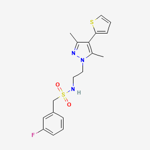 molecular formula C18H20FN3O2S2 B2753940 N-(2-(3,5-dimethyl-4-(thiophen-2-yl)-1H-pyrazol-1-yl)ethyl)-1-(3-fluorophenyl)methanesulfonamide CAS No. 2034324-59-7
