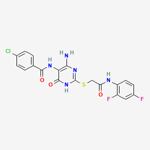 molecular formula C19H14ClF2N5O3S B2754145 N-(4-amino-2-((2-((2,4-difluorophenyl)amino)-2-oxoethyl)thio)-6-oxo-1,6-dihydropyrimidin-5-yl)-4-chlorobenzamide CAS No. 888433-10-1