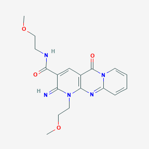 molecular formula C18H21N5O4 B2754149 6-imino-N,7-bis(2-methoxyethyl)-2-oxo-1,7,9-triazatricyclo[8.4.0.03,8]tetradeca-3(8),4,9,11,13-pentaene-5-carboxamide CAS No. 371237-13-7