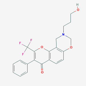 molecular formula C21H18F3NO4 B2754333 9-(3-hydroxypropyl)-3-phenyl-2-(trifluoromethyl)-9,10-dihydrochromeno[8,7-e][1,3]oxazin-4(8H)-one CAS No. 1010919-99-9
