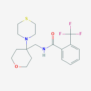 B2754575 N-[(4-Thiomorpholin-4-yloxan-4-yl)methyl]-2-(trifluoromethyl)benzamide CAS No. 2415561-76-9
