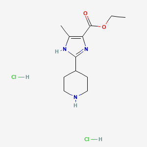 molecular formula C12H21Cl2N3O2 B2754734 Ethyl 4-methyl-2-(piperidin-4-yl)-1H-imidazole-5-carboxylate dihydrochloride CAS No. 2172587-17-4