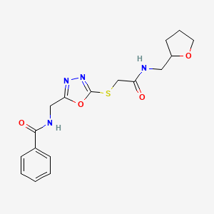 molecular formula C17H20N4O4S B2754765 N-((5-((2-oxo-2-(((tetrahydrofuran-2-yl)methyl)amino)ethyl)thio)-1,3,4-oxadiazol-2-yl)methyl)benzamide CAS No. 872613-55-3