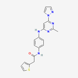 molecular formula C20H18N6OS B2754859 N-(4-((2-methyl-6-(1H-pyrazol-1-yl)pyrimidin-4-yl)amino)phenyl)-2-(thiophen-2-yl)acetamide CAS No. 1251633-13-2