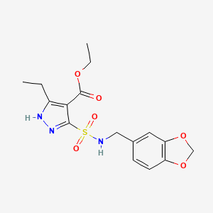 molecular formula C16H19N3O6S B2755007 ethyl 5-{[(2H-1,3-benzodioxol-5-yl)methyl]sulfamoyl}-3-ethyl-1H-pyrazole-4-carboxylate CAS No. 1239484-53-7