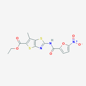 molecular formula C14H11N3O6S2 B2755222 Ethyl 6-methyl-2-(5-nitrofuran-2-carboxamido)thieno[2,3-d]thiazole-5-carboxylate CAS No. 681159-80-8