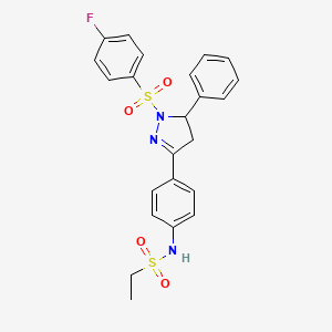 molecular formula C23H22FN3O4S2 B2755535 N-{4-[1-(4-fluorobenzenesulfonyl)-5-phenyl-4,5-dihydro-1H-pyrazol-3-yl]phenyl}ethane-1-sulfonamide CAS No. 851782-05-3