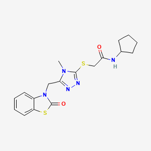 molecular formula C18H21N5O2S2 B2755694 N-cyclopentyl-2-({4-methyl-5-[(2-oxo-2,3-dihydro-1,3-benzothiazol-3-yl)methyl]-4H-1,2,4-triazol-3-yl}sulfanyl)acetamide CAS No. 847400-57-1