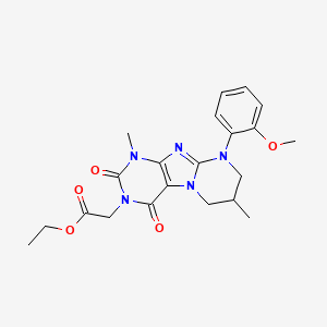 molecular formula C21H25N5O5 B2755785 ethyl 2-(9-(2-methoxyphenyl)-1,7-dimethyl-2,4-dioxo-1,2,6,7,8,9-hexahydropyrimido[2,1-f]purin-3(4H)-yl)acetate CAS No. 877617-49-7