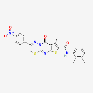 molecular formula C24H19N5O4S2 B2756188 N-(2,3-dimethylphenyl)-4-methyl-12-(4-nitrophenyl)-2-oxo-6,10-dithia-1,8,13-triazatricyclo[7.4.0.03,7]trideca-3(7),4,8,12-tetraene-5-carboxamide CAS No. 866842-51-5