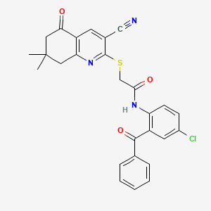 molecular formula C27H22ClN3O3S B2756306 N-[4-chloro-2-(phenylcarbonyl)phenyl]-2-[(3-cyano-7,7-dimethyl-5-oxo-5,6,7,8-tetrahydroquinolin-2-yl)sulfanyl]acetamide CAS No. 443905-56-4