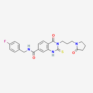 molecular formula C23H23FN4O3S B2756384 N-[(4-fluorophenyl)methyl]-4-oxo-3-[3-(2-oxopyrrolidin-1-yl)propyl]-2-sulfanylidene-1,2,3,4-tetrahydroquinazoline-7-carboxamide CAS No. 443349-81-3