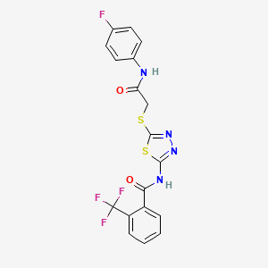 molecular formula C18H12F4N4O2S2 B2756600 N-(5-((2-((4-fluorophenyl)amino)-2-oxoethyl)thio)-1,3,4-thiadiazol-2-yl)-2-(trifluoromethyl)benzamide CAS No. 391874-47-8