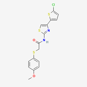 molecular formula C16H13ClN2O2S3 B2756694 N-(4-(5-chlorothiophen-2-yl)thiazol-2-yl)-2-((4-methoxyphenyl)thio)acetamide CAS No. 922884-31-9