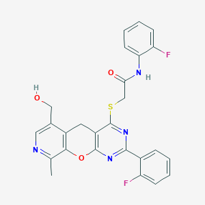 molecular formula C26H20F2N4O3S B2756883 N-(2-fluorophenyl)-2-[[5-(2-fluorophenyl)-11-(hydroxymethyl)-14-methyl-2-oxa-4,6,13-triazatricyclo[8.4.0.03,8]tetradeca-1(10),3(8),4,6,11,13-hexaen-7-yl]sulfanyl]acetamide CAS No. 892386-32-2