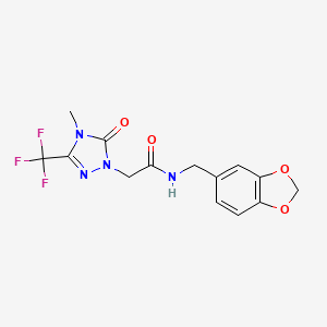 molecular formula C14H13F3N4O4 B2756924 N-(benzo[d][1,3]dioxol-5-ylmethyl)-2-(4-methyl-5-oxo-3-(trifluoromethyl)-4,5-dihydro-1H-1,2,4-triazol-1-yl)acetamide CAS No. 1421522-83-9