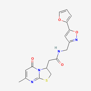 molecular formula C17H16N4O4S B2757001 N-((5-(furan-2-yl)isoxazol-3-yl)methyl)-2-(7-methyl-5-oxo-3,5-dihydro-2H-thiazolo[3,2-a]pyrimidin-3-yl)acetamide CAS No. 1207039-94-8