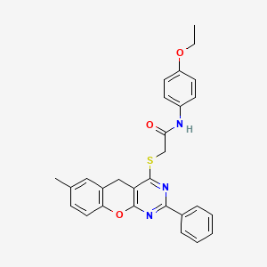 molecular formula C28H25N3O3S B2757315 N-(4-Ethoxyphenyl)-2-({7-methyl-2-phenyl-5H-chromeno[2,3-D]pyrimidin-4-YL}sulfanyl)acetamide CAS No. 872208-75-8