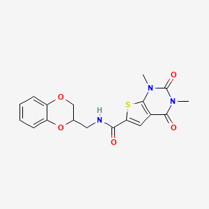 molecular formula C18H17N3O5S B2757325 N-((2,3-dihydrobenzo[b][1,4]dioxin-2-yl)methyl)-1,3-dimethyl-2,4-dioxo-1,2,3,4-tetrahydrothieno[2,3-d]pyrimidine-6-carboxamide CAS No. 946335-43-9