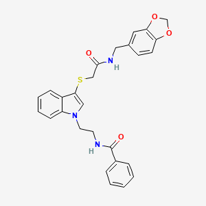 molecular formula C27H25N3O4S B2757605 N-(2-(3-((2-((benzo[d][1,3]dioxol-5-ylmethyl)amino)-2-oxoethyl)thio)-1H-indol-1-yl)ethyl)benzamide CAS No. 851715-33-8
