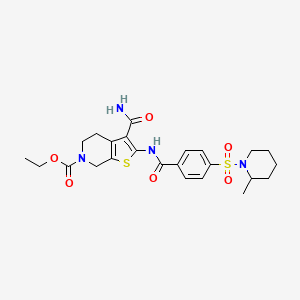 molecular formula C24H30N4O6S2 B2757663 ethyl 3-carbamoyl-2-(4-((2-methylpiperidin-1-yl)sulfonyl)benzamido)-4,5-dihydrothieno[2,3-c]pyridine-6(7H)-carboxylate CAS No. 449782-13-2