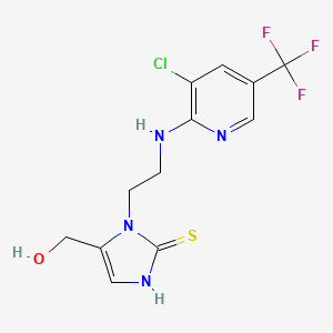 molecular formula C12H12ClF3N4OS B2757693 [1-(2-{[3-Chloro-5-(trifluoromethyl)-2-pyridinyl]-amino}ethyl)-2-sulfanyl-1H-imidazol-5-yl]methanol CAS No. 338794-80-2