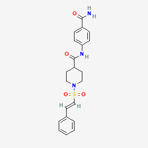 molecular formula C21H23N3O4S B2757709 N-(4-carbamoylphenyl)-1-[(E)-2-phenylethenyl]sulfonylpiperidine-4-carboxamide CAS No. 1030720-14-9