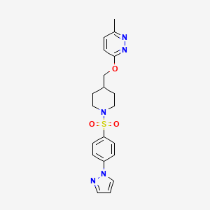 molecular formula C20H23N5O3S B2757767 3-methyl-6-({1-[4-(1H-pyrazol-1-yl)benzenesulfonyl]piperidin-4-yl}methoxy)pyridazine CAS No. 2379996-17-3