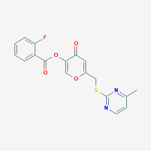 molecular formula C18H13FN2O4S B2757777 6-(((4-methylpyrimidin-2-yl)thio)methyl)-4-oxo-4H-pyran-3-yl 2-fluorobenzoate CAS No. 877636-14-1