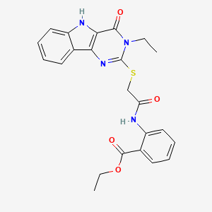 molecular formula C23H22N4O4S B2757886 ethyl 2-[2-({3-ethyl-4-oxo-3H,4H,5H-pyrimido[5,4-b]indol-2-yl}sulfanyl)acetamido]benzoate CAS No. 888460-93-3
