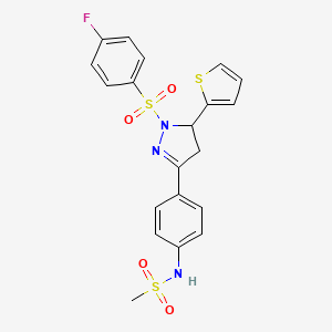 molecular formula C20H18FN3O4S3 B2758022 N-{4-[1-(4-fluorobenzenesulfonyl)-5-(thiophen-2-yl)-4,5-dihydro-1H-pyrazol-3-yl]phenyl}methanesulfonamide CAS No. 851781-26-5