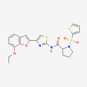molecular formula C22H21N3O5S3 B2758181 N-(4-(7-ethoxybenzofuran-2-yl)thiazol-2-yl)-1-(thiophen-2-ylsulfonyl)pyrrolidine-2-carboxamide CAS No. 1049827-69-1