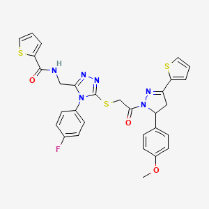 molecular formula C30H25FN6O3S3 B2758233 N-{[4-(4-fluorophenyl)-5-({2-[5-(4-methoxyphenyl)-3-(thiophen-2-yl)-4,5-dihydro-1H-pyrazol-1-yl]-2-oxoethyl}sulfanyl)-4H-1,2,4-triazol-3-yl]methyl}thiophene-2-carboxamide CAS No. 362507-88-8