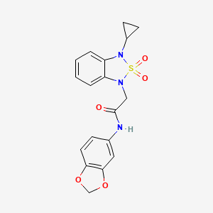 molecular formula C18H17N3O5S B2758693 N-(2H-1,3-benzodioxol-5-yl)-2-(3-cyclopropyl-2,2-dioxo-1,3-dihydro-2lambda6,1,3-benzothiadiazol-1-yl)acetamide CAS No. 2097931-92-3