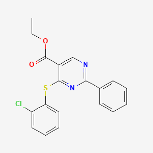 molecular formula C19H15ClN2O2S B2758760 Ethyl 4-[(2-chlorophenyl)sulfanyl]-2-phenyl-5-pyrimidinecarboxylate CAS No. 400076-28-0
