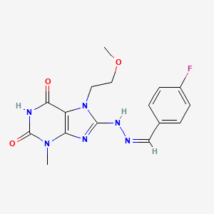 molecular formula C16H17FN6O3 B2758773 (Z)-8-(2-(4-fluorobenzylidene)hydrazinyl)-7-(2-methoxyethyl)-3-methyl-1H-purine-2,6(3H,7H)-dione CAS No. 398997-73-4