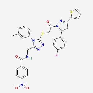 molecular formula C32H26FN7O4S2 B2758909 N-((5-((2-(5-(4-fluorophenyl)-3-(thiophen-2-yl)-4,5-dihydro-1H-pyrazol-1-yl)-2-oxoethyl)thio)-4-(m-tolyl)-4H-1,2,4-triazol-3-yl)methyl)-4-nitrobenzamide CAS No. 393583-06-7