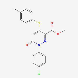 molecular formula C19H15ClN2O3S B2759268 Methyl 1-(4-chlorophenyl)-4-[(4-methylphenyl)sulfanyl]-6-oxo-1,6-dihydro-3-pyridazinecarboxylate CAS No. 338405-77-9