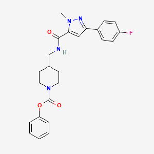 molecular formula C24H25FN4O3 B2759276 phenyl 4-((3-(4-fluorophenyl)-1-methyl-1H-pyrazole-5-carboxamido)methyl)piperidine-1-carboxylate CAS No. 1396683-20-7