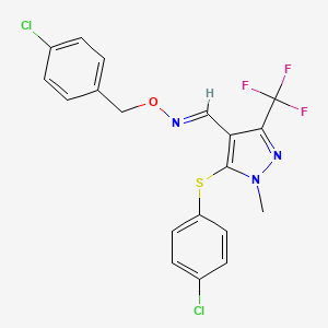 molecular formula C19H14Cl2F3N3OS B2759343 5-[(4-chlorophenyl)sulfanyl]-1-methyl-3-(trifluoromethyl)-1H-pyrazole-4-carbaldehyde O-(4-chlorobenzyl)oxime CAS No. 321533-78-2