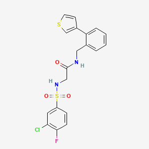 molecular formula C19H16ClFN2O3S2 B2759360 2-(3-chloro-4-fluorophenylsulfonamido)-N-(2-(thiophen-3-yl)benzyl)acetamide CAS No. 1796947-19-7