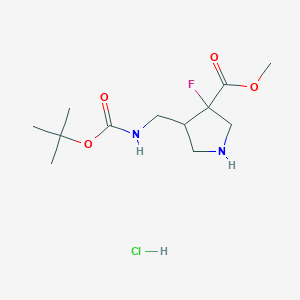 molecular formula C12H22ClFN2O4 B2759398 Methyl 3-fluoro-4-[[(2-methylpropan-2-yl)oxycarbonylamino]methyl]pyrrolidine-3-carboxylate;hydrochloride CAS No. 2243508-63-4