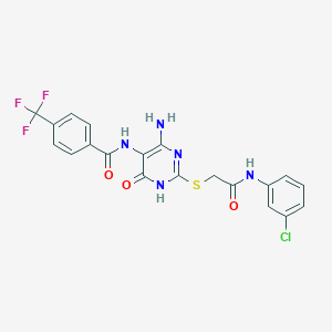 molecular formula C20H15ClF3N5O3S B2759514 N-(4-amino-2-((2-((3-chlorophenyl)amino)-2-oxoethyl)thio)-6-oxo-1,6-dihydropyrimidin-5-yl)-4-(trifluoromethyl)benzamide CAS No. 872608-54-3