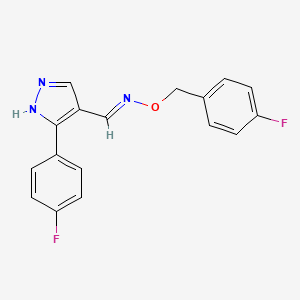 molecular formula C17H13F2N3O B2759584 (E)-{[3-(4-fluorophenyl)-1H-pyrazol-4-yl]methylidene}[(4-fluorophenyl)methoxy]amine CAS No. 477711-35-6