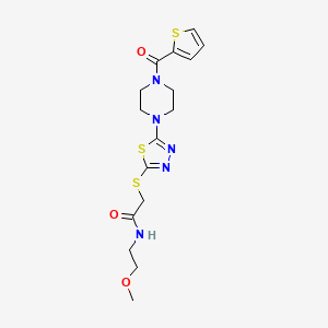 molecular formula C16H21N5O3S3 B2759616 N-(2-methoxyethyl)-2-((5-(4-(thiophene-2-carbonyl)piperazin-1-yl)-1,3,4-thiadiazol-2-yl)thio)acetamide CAS No. 1105201-44-2